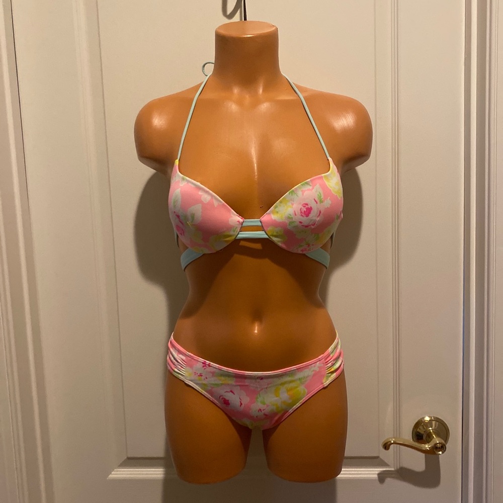 PINK VICTORIA’S SECRET Bikini Swim Suit Coral Pink Turquoise Blue Push Up Top XS